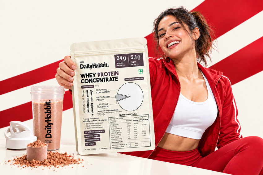 DailyHabbit cocoa whey and shake with a woman in red against a warm cream background.