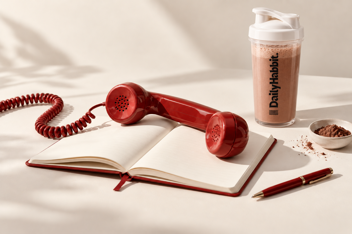 DailyHabbit protein shaker beside a red telephone and an open notebook