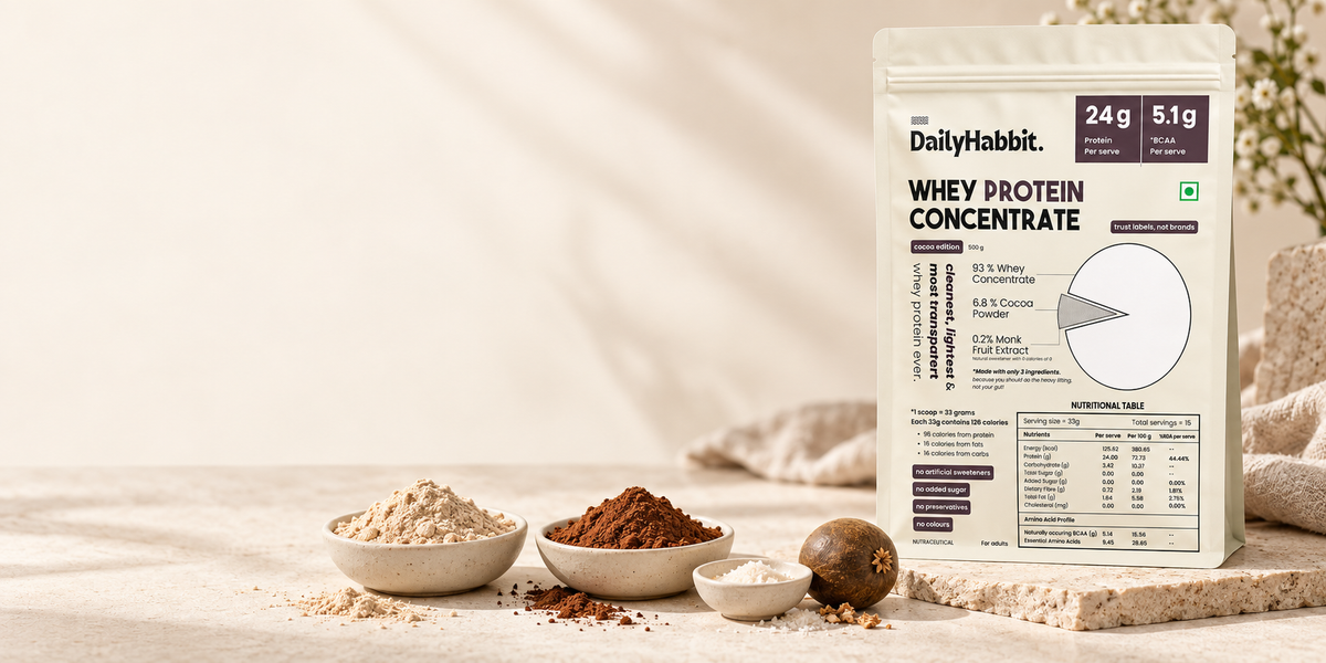 DailyHabbit cocoa whey protein with its three ingredients