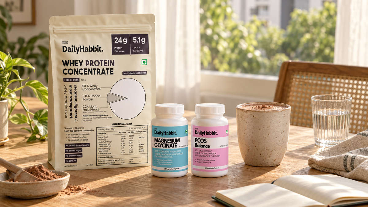 DailyHabbit products beside a cocoa shake in a morning setting
