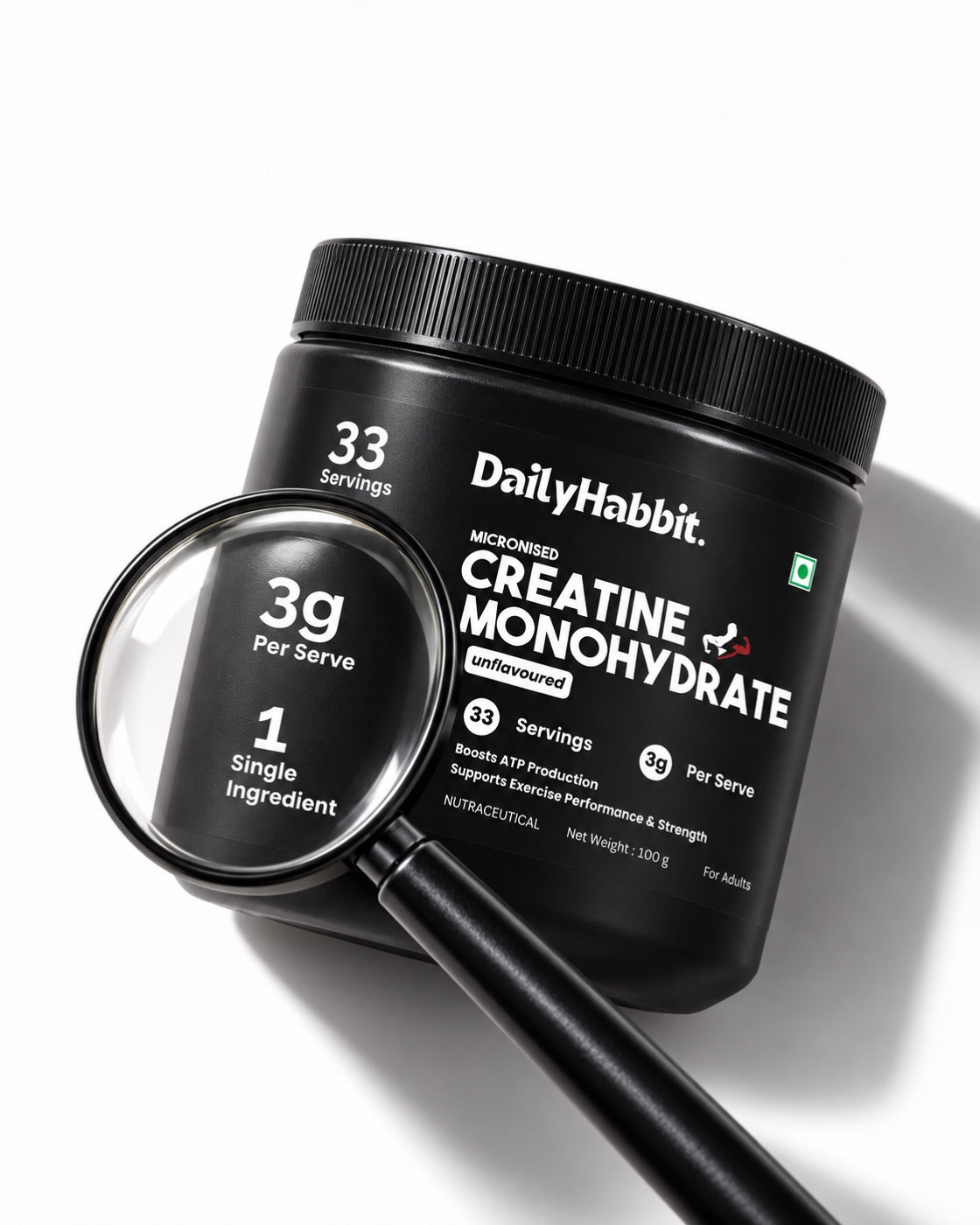 DailyHabbit black creatine jar with a magnifying glass highlighting its single ingredient and serving