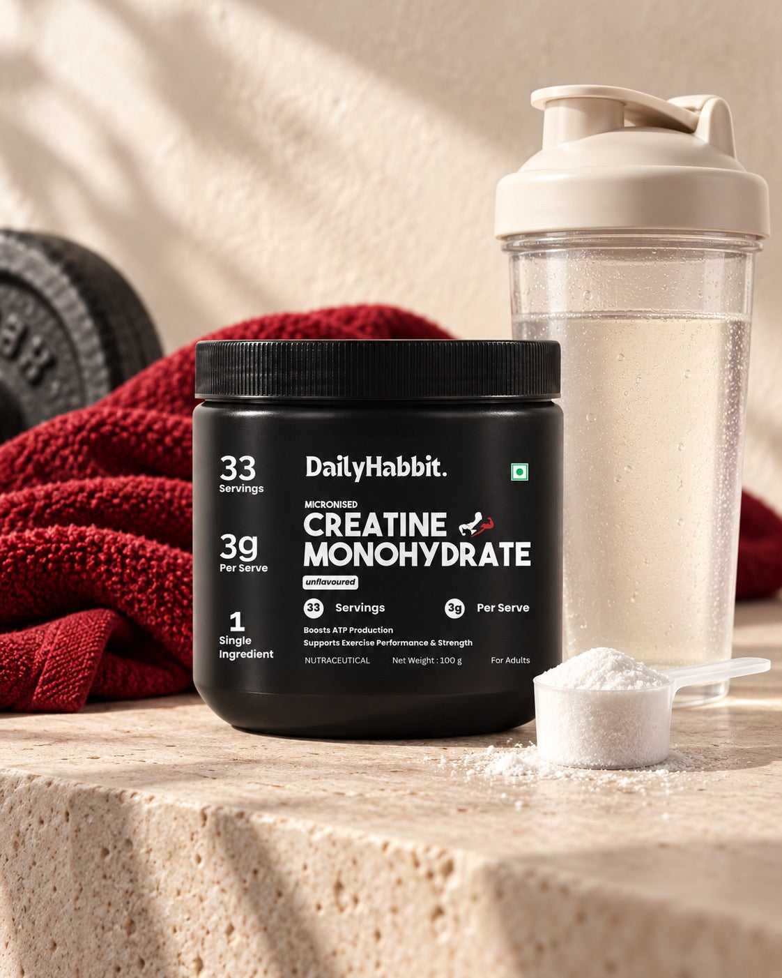 DailyHabbit black creatine jar with a level powder scoop and shaker for an unflavoured mixing routine.