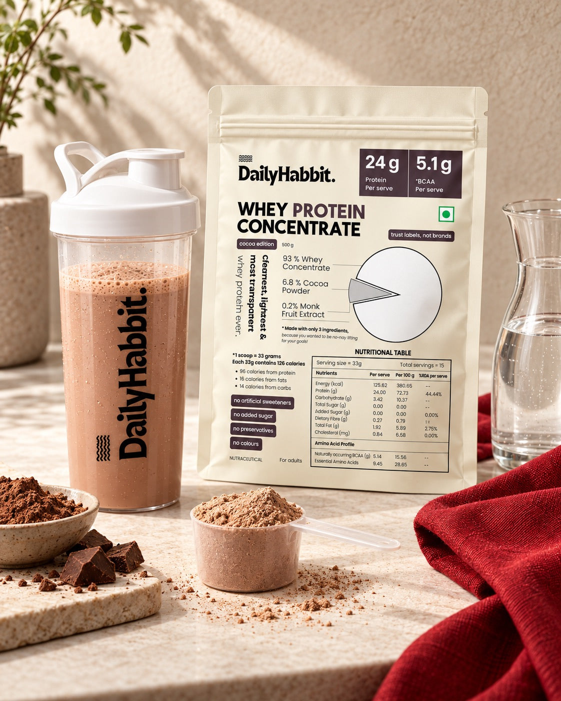 DailyHabbit cocoa whey pouch, a shaker and a level scoop beside water for preparation.